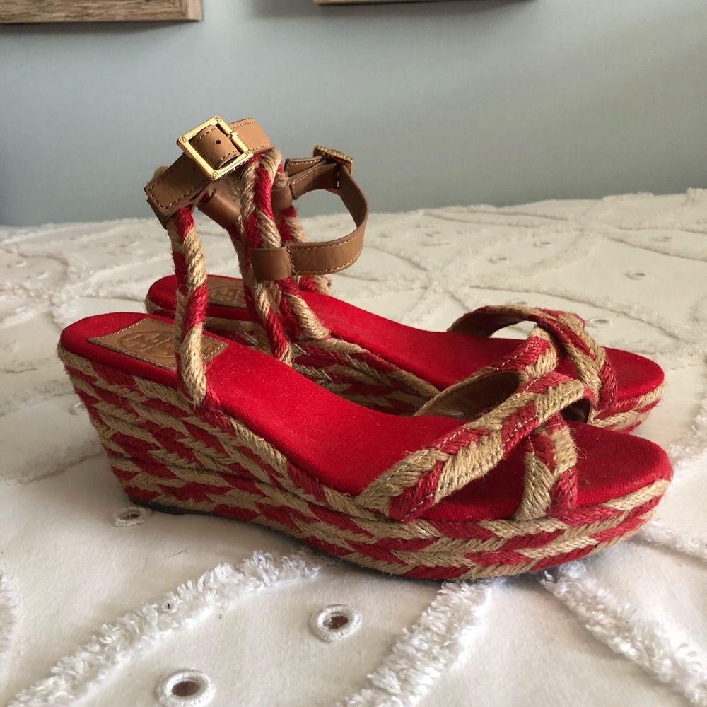 Tory Burch red and tan espadrille wedges